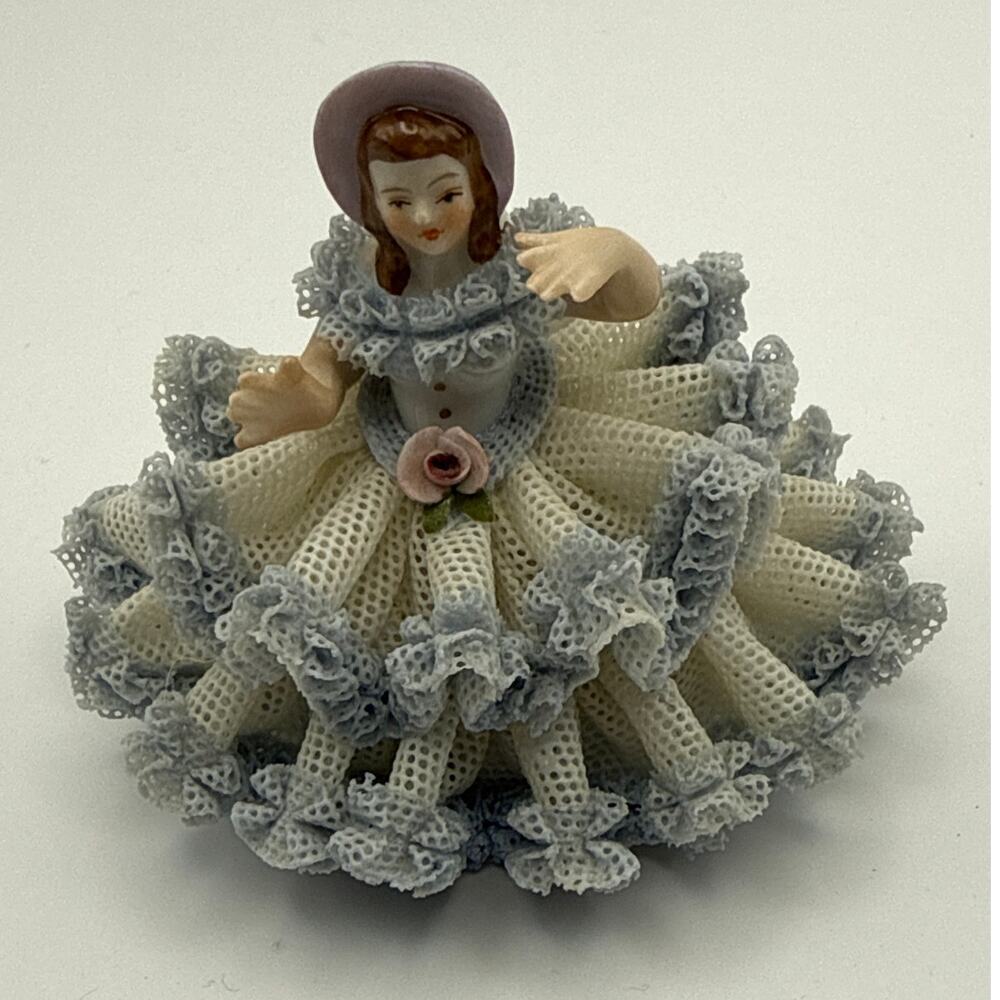 Vintage Dresden Porcelain Lace Lady in Chair Western Germany 3"
